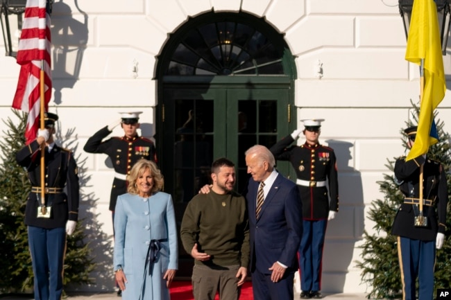 President Joe Biden and first lady Jill Biden, welcome Ukraine's President Volodymyr Zelenskyy at the White House in Washington, Wednesday, Dec. 21, 2022. (AP Photo/Andrew Harnik)