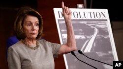 House Minority Leader Nancy Pelosi of Calif., speaks to the media during a news conference about infrastructure, Feb. 8, 2018, on Capitol Hill. 