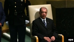 James Alix Michel, Président de la République des Seychelles, avant de prononcer son discours lors de la 70ème session de l'Assemblée générale des Nations Unies à New York, États-Unis, 29 septembre 2015. epa/ JASON SZENES