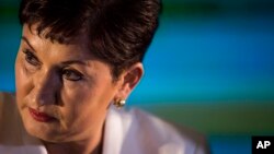 FILE - Thelma Aldana, representing the Seed Movement Party, listens to a journalist's question during a press conference regarding her presidential nomination, in Guatemala City, on March 10, 2019. 