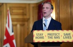 Britain's Foreign Secretary Dominic Raab delivers a speech during a coronavirus briefing in Downing Street, London, April 6, 2020, in this photo provided by 10 Downing Street.