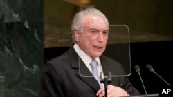 Presiden Brasil, Michel Temer, saat berpidato di hadapan Sidang Majelis Umum PBB di New York, 20 September 2016 (Foto: dok).