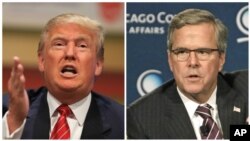FILE - Republican presidential candidates Donald Trump, left, and Jeb Bush are among critics of the Obama administration's strategy for quelling terrorism.