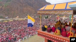 Tibetan spiritual leader the Dalai Lama, center, delivers teachings at the Thupsung Dhargyeling Monastery in Dirang, Arunachal Pradesh, India, April 6, 2017.