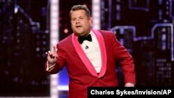 FILE - Host James Corden speaks at the 73rd annual Tony Awards at Radio City Music Hall, June 9, 2019, in New York.