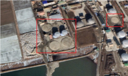 북한이 새로 만들고 있는 유류탱크 5개(붉은 네모 안)가 위성사진에 포착됐다. 자료=Maxar Technologies / Google Earth