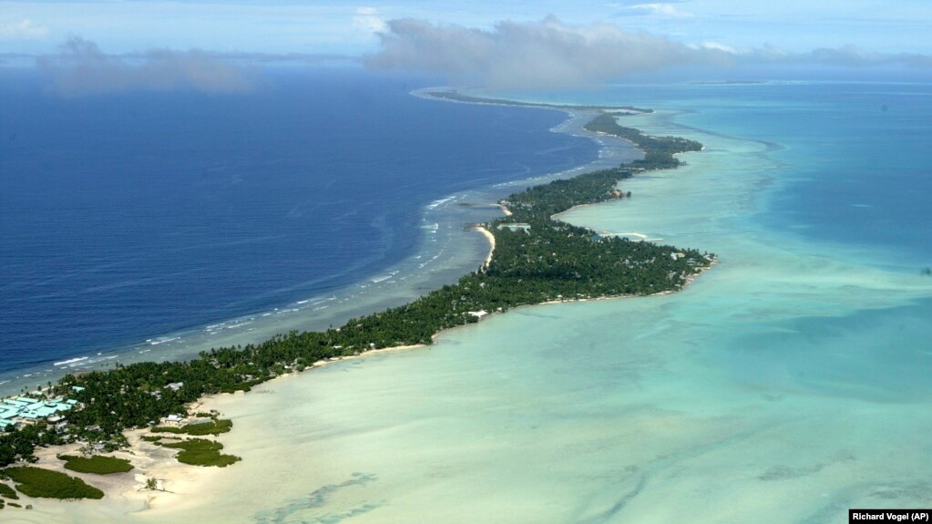 FILE - In this March 30, 2004, file photo, Tarawa atoll, Kiribati, is seen in an aerial view. 