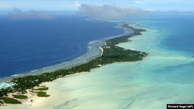 FILE - In this March 30, 2004, file photo, Tarawa atoll, Kiribati, is seen in an aerial view. 