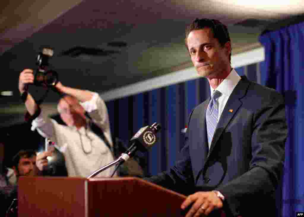 June 6: U.S. Congressman Anthony Weiner (D-NY) speaks to the media in New York. Rep. Weiner admitted on Monday to sending a lewd photo of himself to a 21-year-old female college student over his Twitter account after previously denying he had done so. (