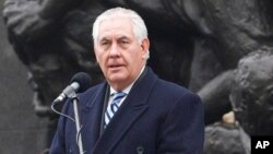 FILE - U.S. Secretary of State Rex Tillerson speaks during a ceremony in Warsaw, Poland, Jan. 27, 2018. 