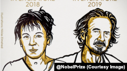 «اولگا توکارچوک» برنده جایزه نوبل ادبیات ۲۰۱۸(چپ) و «پیتر هاندکی» برنده جایزه نوبل ادبیات ۲۰۱۹