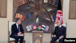 U.S. Secretary of State Antony Blinken, meets with Chairman of the High Council for National Reconciliation Abdullah Abdullah in Kabul, Afghanistan April 15, 2021. (High Council for National Reconciliation Press Office/Handout via REUTERS)