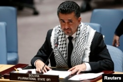 Bolivia's Ambassador to the United Nations Sacha Llorentty addresses the Security Council during a meeting about the situation in the Middle East at United Nations headquarters in New York, July 22, 2014.