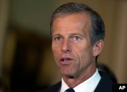 Sen. John Thune, R-S.D. addresses the media after a policy luncheon on Capitol Hill in Washington, July 21, 2015.