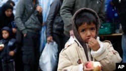 A child eats an apple waiting in line to cross the Serbian-Croatian border, at the village of Berkasovo, near Sid, Serbia, Oct.15, 2015.