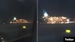 Los bomberos fueron llamados a la escena después de que "las llamas salieran del motor del avión".