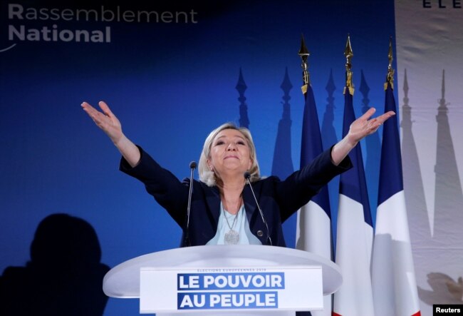French far-right National Rally (Rassemblement National) party leader Marine Le Pen attends a meeting in Saint-Paul-du-Bois, France, Feb. 17, 2019.
