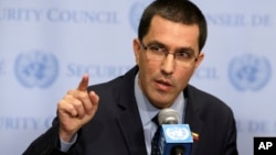 Venezuela's Minister of Foreign Affairs Jorge Arreaza speaks to reporters at United Nations headquarters, Aug. 25, 2017.
