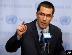 Venezuela's Minister of Foreign Affairs Jorge Arreaza speaks to reporters at United Nations headquarters, Aug. 25, 2017.