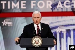 Vice President Mike Pence speaks at the Conservative Political Action Conference at National Harbor, Maryland, Thursday, Feb. 22, 2018.