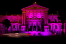The City Hall in Cape Town, South Africa, is lit up in purple on Sunday, Dec. 26, 2021, in memory of Anglican Archbishop Desmond Tutu.
