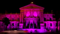 The City Hall in Cape Town, South Africa, is lit up in purple, Dec. 26, 2021, in memory of Anglican Archbishop Desmond Tutu.