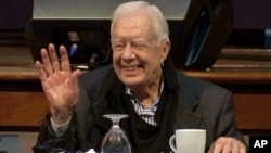 Former President Jimmy Carter attends the annual Human Rights Defenders Forum at The Carter Center, May 9, 2017, in Atlanta. Carter was hospitalized in Canada after becoming dehydrated while helping to build 150 Habitat for Humanity houses in Canada.