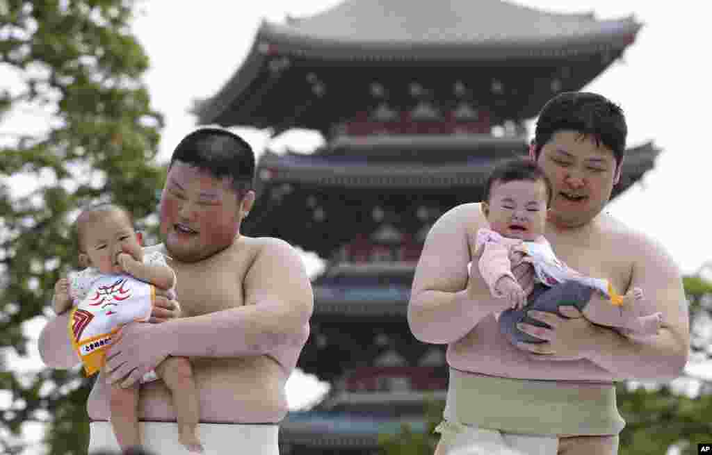 Held by college students and sumo wrestlers, a couple of babies cry in their competition during Naki Sumo, or Crying Baby Contest, at Sensoji temple in Tokyo. The babies, born in 2012, participated in the annual traditional ritual performed as a prayer for healthy growth.