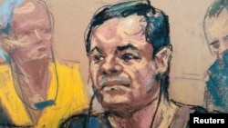 Joaquin "El Chapo" Guzman, is shown in a sketch of his court appearance at the Brooklyn Federal Courthouse in the Brooklyn borough of New York City, New York, May 5, 2017. 