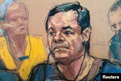 FILE - Joaquin "El Chapo" Guzman, is shown in a sketch of his court appearance at the Brooklyn Federal Courthouse in the Brooklyn borough of New York City, New York, May 5, 2017.