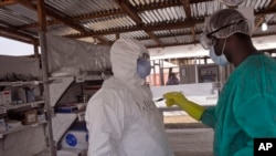 FILE - A health care worker assists a colleague inside a USAID-funded Ebola clinic in Monrovia, Liberia, Jan. 30, 2015.