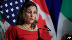 Canadian Minister of Foreign Affairs Chrystia Freeland, speaks during the conclusion of the fourth round of negotiations for a new North American Free Trade Agreement in Washington, Oct. 17, 2017. 