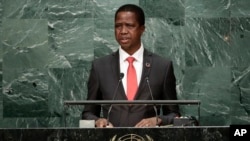 FILE - Zambia's President Edgar Lungu speaks during the 71st session of the United Nations General Assembly at U.N. headquarters, Sept. 20, 2016.