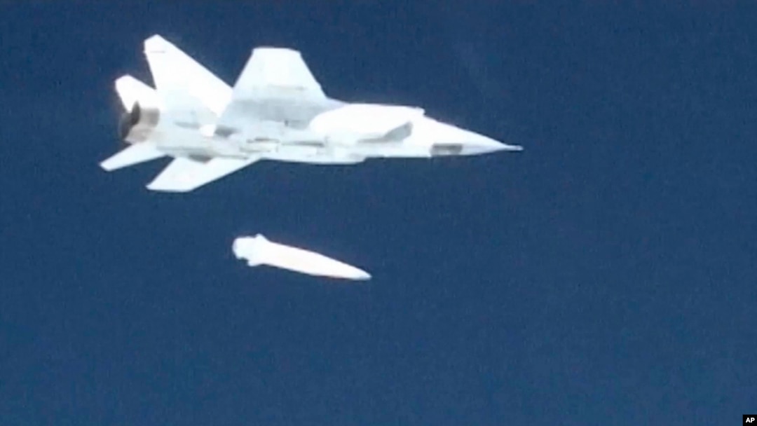 FILE - In this video grab provided by RU-RTR Russian television via AP television, March 1, 2018, a Russian MiG-31 fighter jet releases a Kinzhal hypersonic missile during a test at an undisclosed location in Russia.