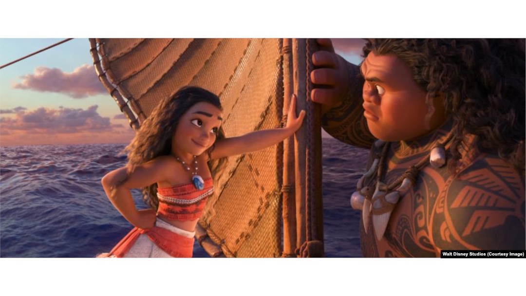 Moana insists the demigod Maui teach her to sail.