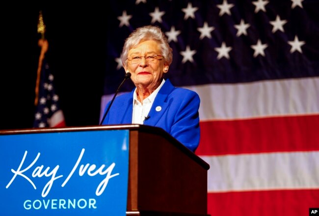 FILE - Alabama Governor Kay Ivey speaks to supporters after winning the Republican nomination for Governor of Alabama at the Renaissance Hotel, June 5, 2018, in Montgomery, Ala.