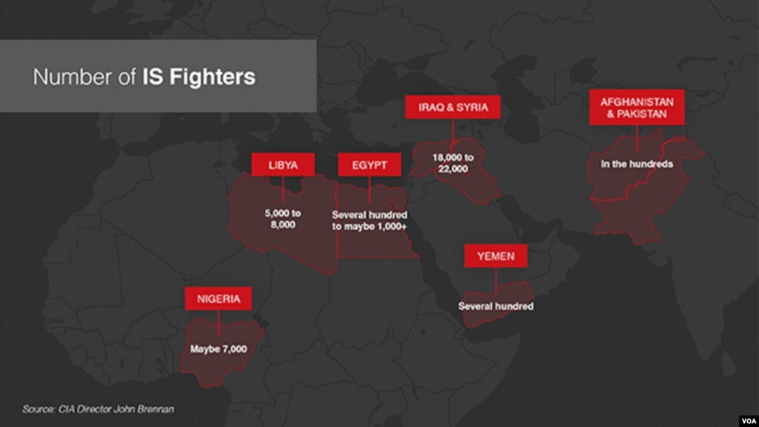 Graphic of the number of Islamic State fighters in highlighted locations around the world.