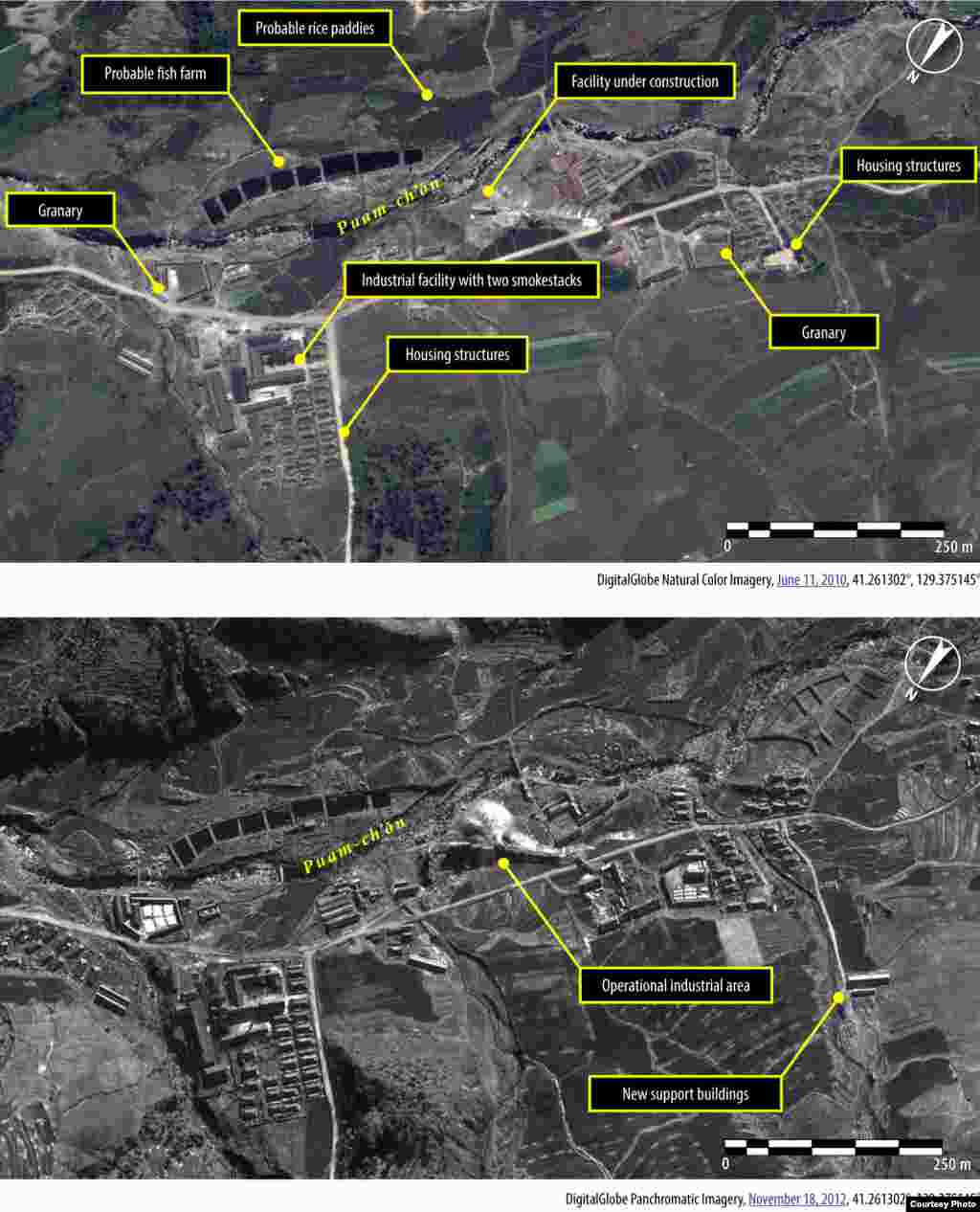 An aerial view of industrial areas of Camp 16 in North Korea in 2010 and 2012. (Amnesty International/DigitalGlobe)