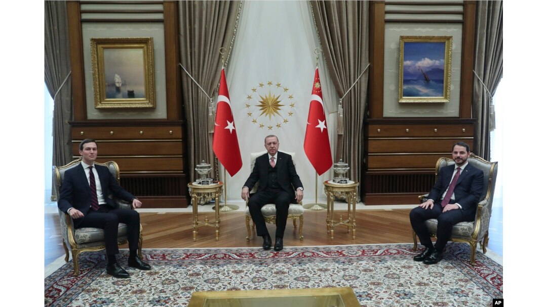 Turkey's President Recep Tayyip Erdogan, center, Turkey's Economy Minister Berat Albayrak, right, who is also his son-in-law, meet with Jared Kushner, left, U.S. President Donald Trump's adviser and son-in-law, at the Presidential Palace in Ankara, Turkey
