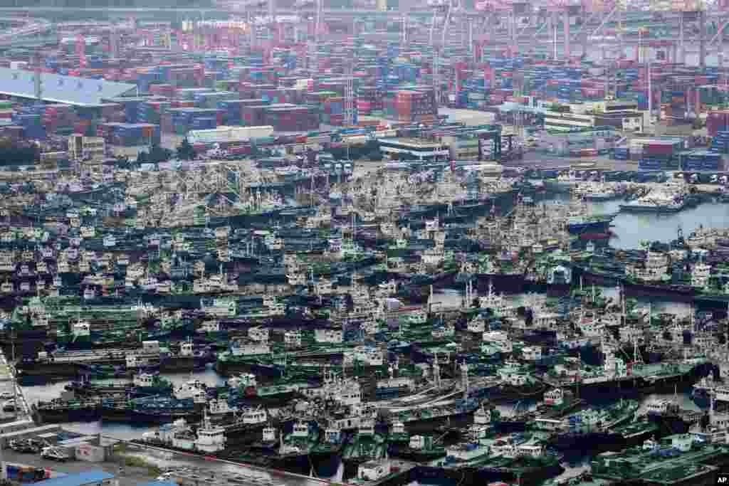 Ships are anchored at a port in Busan, South Korea.&nbsp;South Korea&#39;s weather agency said Typhoon Haishen was expected to skirt the Korean Peninsula&#39;s east coast on Monday with heavy rains and strong winds.&nbsp;