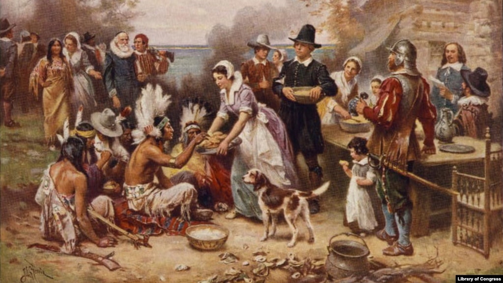 A painting by Jean Leon Gerome Ferris titled 'The First Thanksgiving' shows pilgrims and Native Americans gathering to share a meal.