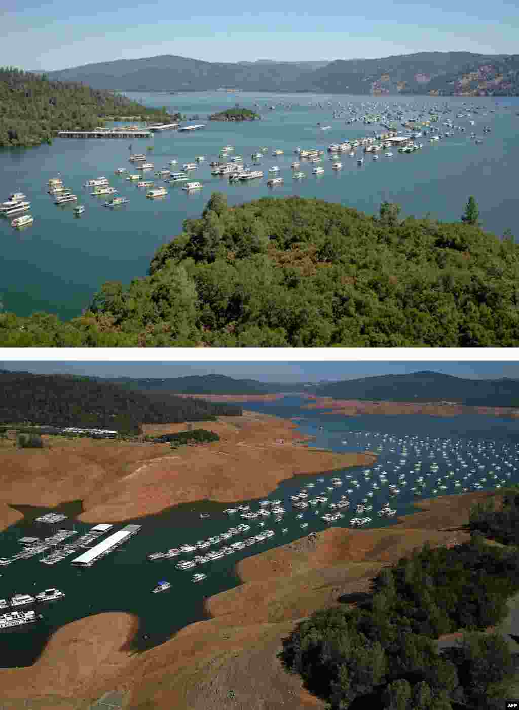 In this before-and-after composite image, (Top) Full water levels are visible in the Bidwell Marina at Lake Oroville in Oroville, California, July 20, 2011. (Bottom) Low water levels are visible in the Bidwell Marina at Lake Oroville, Aug. 19, 2014.