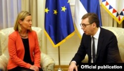 The European Union's Federica Mogherini meets with Serbia's president Alexandar Vucic in Belgrade, March 27, 2018.