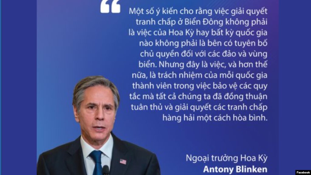 Ngoại trưởng Mỹ Antony Blinken và trích đoạn phát biểu của ông ở HĐBA LHQ ngày 9/8/2021. Photo Facebook US Embassy Hanoi.