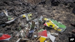 Puing-puing pesawat Ethiopian Airlines ET302 yang jatuh dekat Bishoftu, atau Debre Zeit, Ethiopia, Minggu (10/3). 