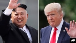 FILE - This combination of photos show North Korean leader Kim Jong Un on April 15, 2017, in Pyongyang, North Korea, left, and U.S. President Donald Trump in Washington on April 29, 2017.