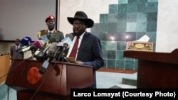 FILE - South Sudanese President Salva Kiir delivers a speech to lawmakers July 8, 2015. Kiir stunned mediators by walking away from a long-sought peace deal with rebels Monday.