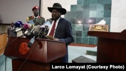 File - South Sudanese President Salva Kiir delivers a speech to lawmakers.