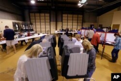 FILE - Voters fill out their general election ballots at a polling place in Bradfordton, Illinois, Nov. 8, 2016. Russia's determination to interfere in U.S. democratic institutions is “not going to change or stop,” said one intelligence official.