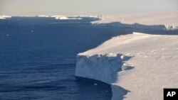 This 2020 photo provided by the British Antarctic Survey shows the Thwaites glacier in Antarctica.